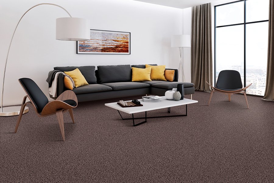 Living room with black furniture, white walls and brown carpet from Simonian Flooring Inc in Village, NV